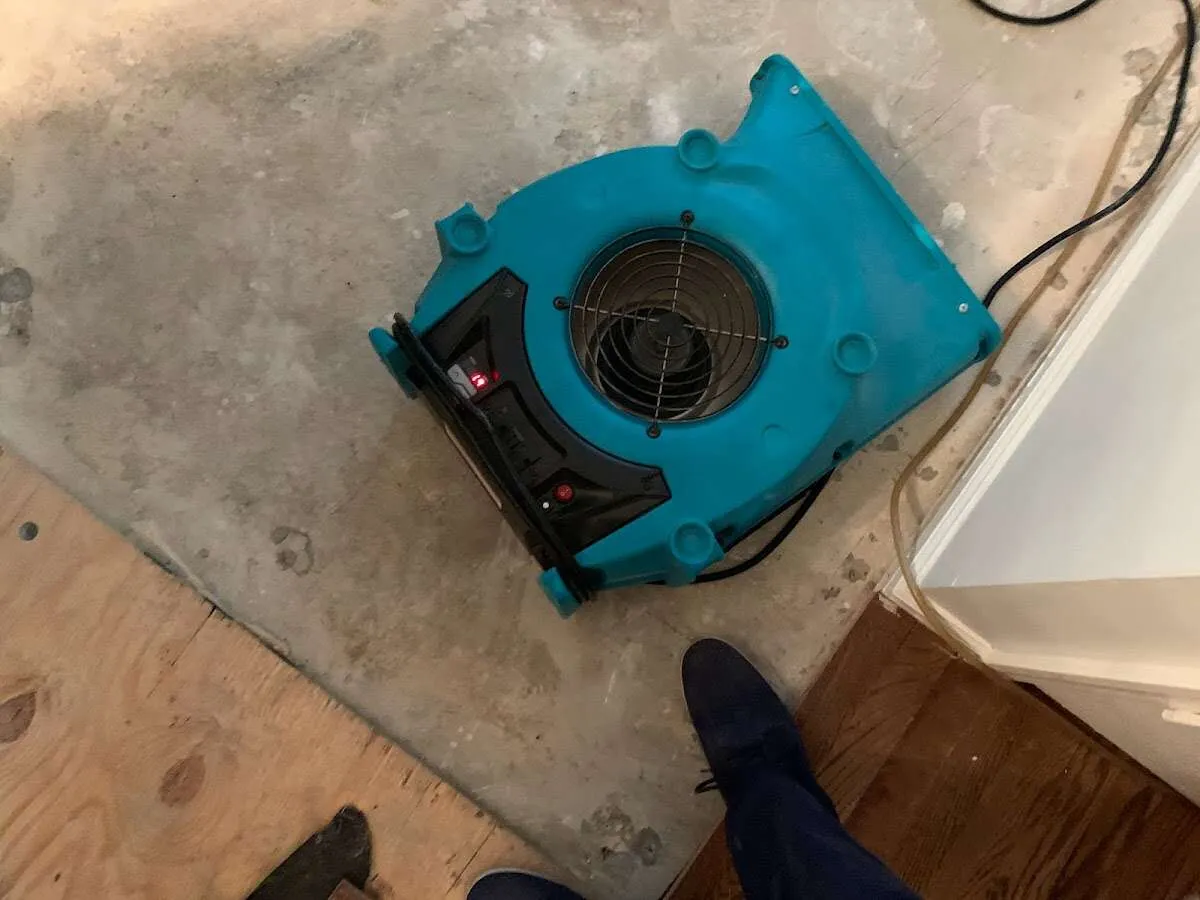 Air mover drying subfloor during Leak Detection & Repair in Stephenville